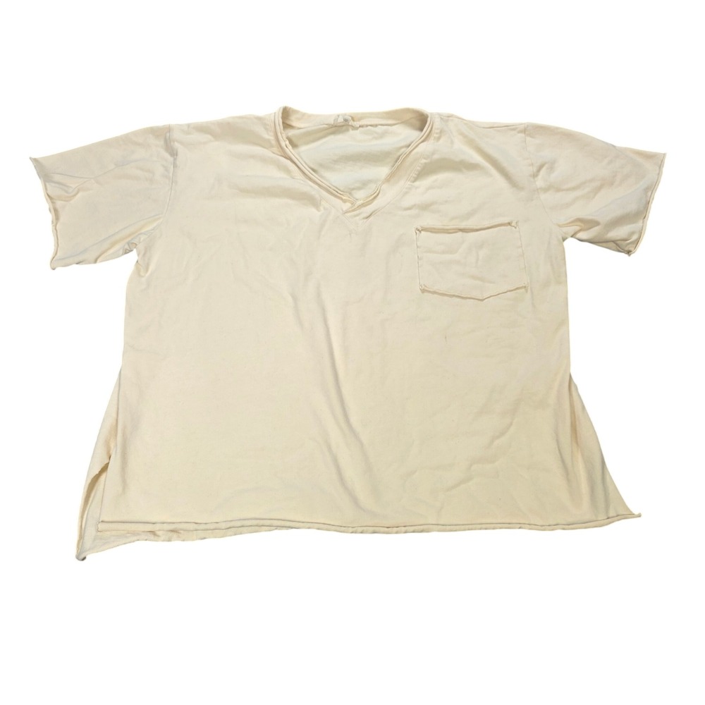Easel Los Angeles V-Neck Pocket T-Shirt Women's Size M Cream Cotton Raw Hem